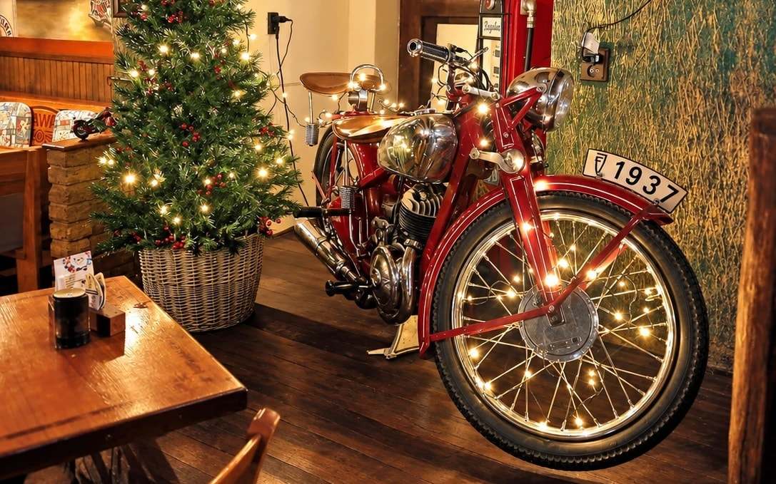 Restaurant interior with a vintage motorcycle